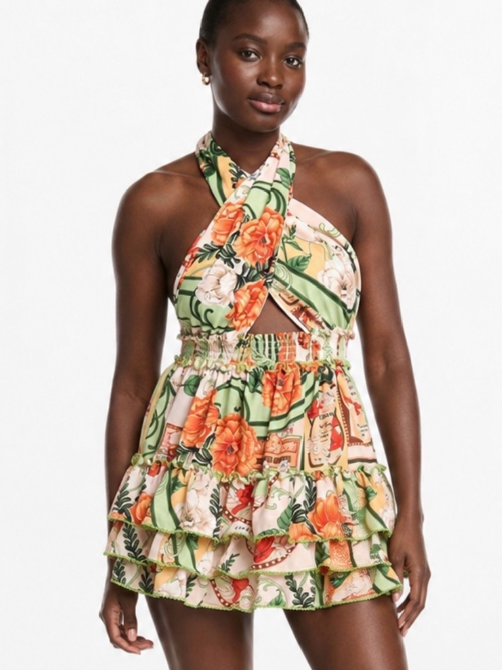 Agua Bendita Maona Été Halter Ruffle Mini Dress Floral Orange Green S